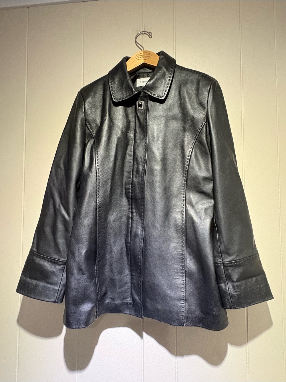 Calvin Klein black leather jacket coat medium stitching detail